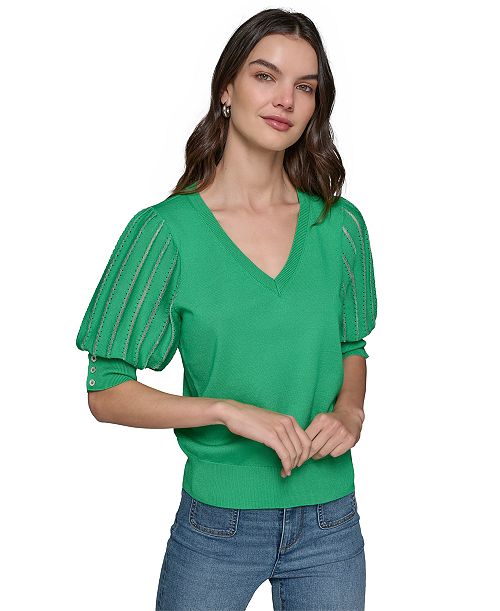 alfani KARL LAGERFELD PARIS Women's Puffed-Sleeve V-Neck Sweater Women's Fashion Shoes & Accessories