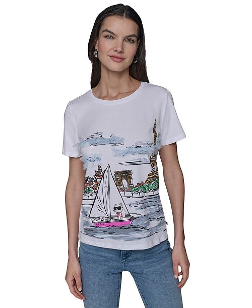 alfani KARL LAGERFELD PARIS Women's Sailing Choupette Graphic T-Shirt Women's Fashion Shoes & Accessories