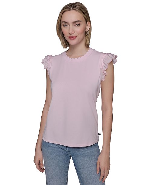 alfani KARL LAGERFELD PARIS Women's Scalloped Flutter-Sleeve Top Women's Fashion Shoes & Accessories