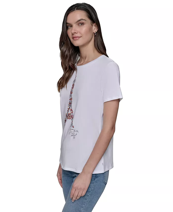 Alfani KARL LAGERFELD PARIS Women's Sequined Eiffel Tower Graphic T-Shirt Women's Fashion Shoes & Accessories