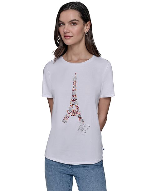 alfani KARL LAGERFELD PARIS Women's Sequined Eiffel Tower Graphic T-Shirt Women's Fashion Shoes & Accessories