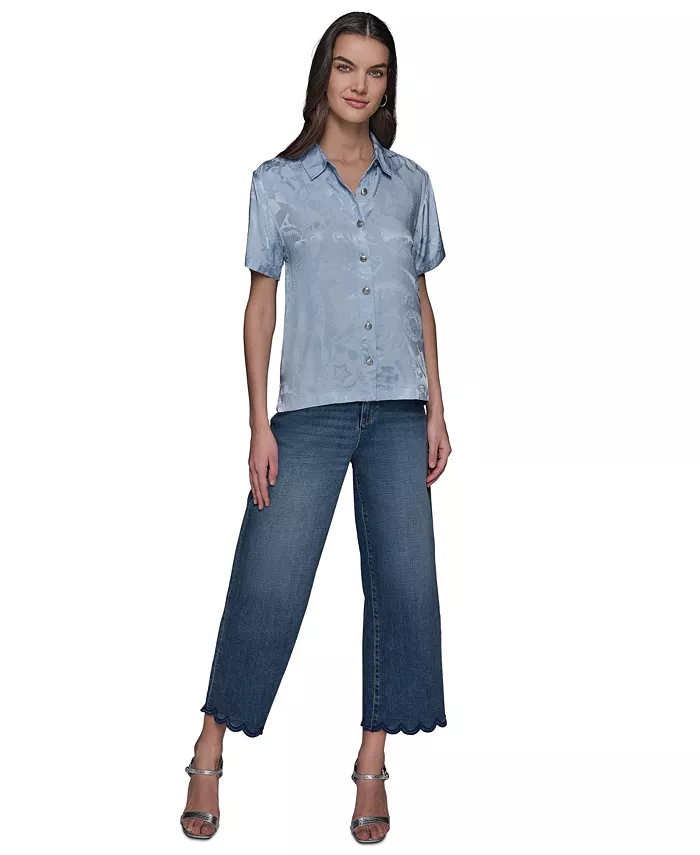 Alfani KARL LAGERFELD PARIS Women's Short Sleeve Jacquard Button Front Top Women's Fashion Shoes & Accessories