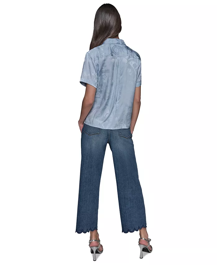 Alfani KARL LAGERFELD PARIS Women's Short Sleeve Jacquard Button Front Top Women's Fashion Shoes & Accessories