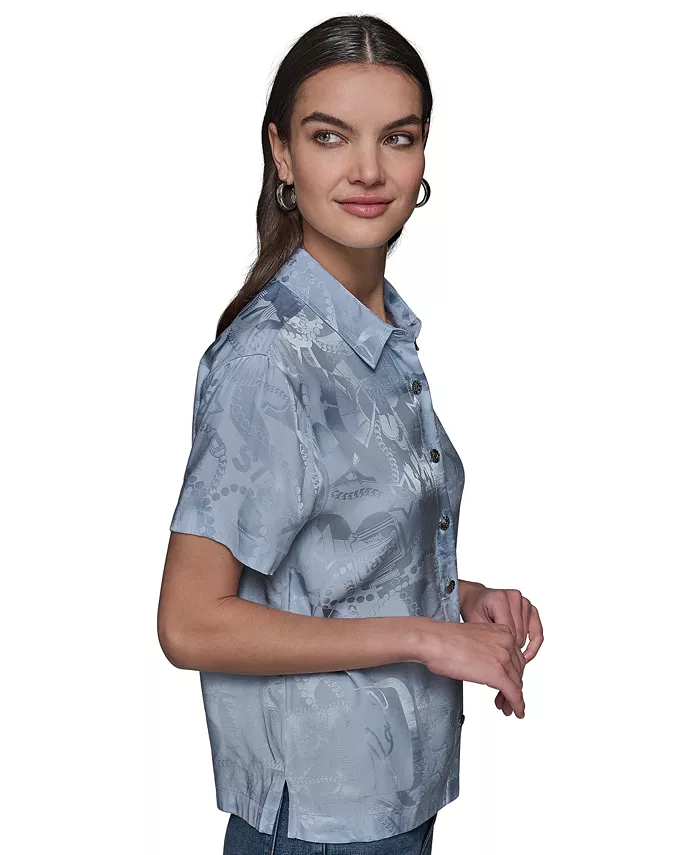 Alfani KARL LAGERFELD PARIS Women's Short Sleeve Jacquard Button Front Top Women's Fashion Shoes & Accessories