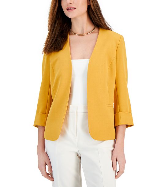 alfani Kasper Women's Stretch Crepe Open-Front Roll-Sleeve Jacket Regular & Petite Women's Fashion Shoes & Accessories