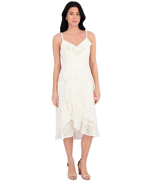 alfani kensie Women's Ruffled Lace High-Low Midi Dress Women's Fashion Shoes & Accessories