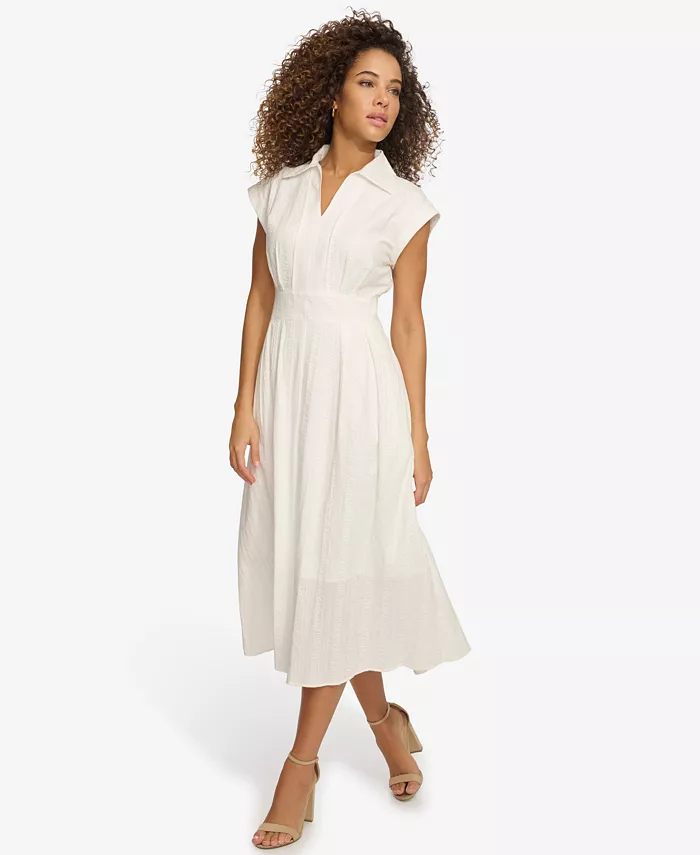 Alfani Kensie Women's Textured Stripe Midi Shirtdress With Collar Women's Fashion Shoes & Accessories