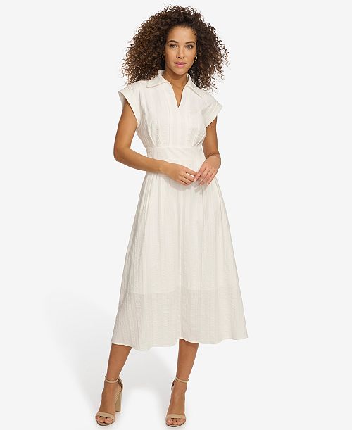 alfani kensie Women's Textured Stripe Midi Shirtdress with Collar Women's Fashion Shoes & Accessories