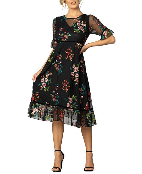 alfani Kiyonna Women's Wildflower Embroidered Floral Mesh Dress Women's Fashion Shoes & Accessories