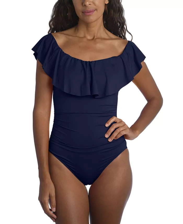 Alfani La Blanca Island Goddess Off-The-Shoulder Ruffled Tummy-Control One-Piece Swimsuit Women's Fashion Shoes & Accessories
