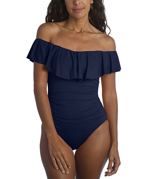 alfani La Blanca Island Goddess Off-The-Shoulder Ruffled Tummy-Control One-Piece Swimsuit Women's Fashion Shoes & Accessories