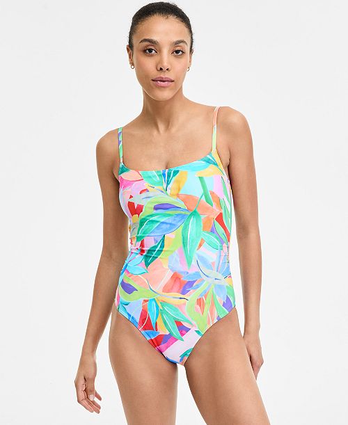 alfani La Blanca Women's Tropi-Flage Printed Scoop-Neck One-Piece Swimsuit Exclusively at Macy's Women's Fashion Shoes & Accessories