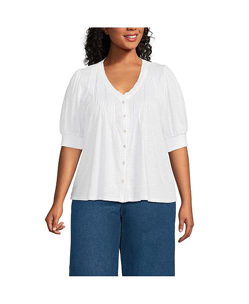 alfani Lands' End Plus Size Button Pintuck Puff Sleeve Top Women's Fashion Shoes & Accessories