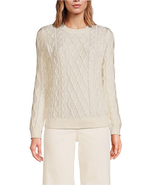 alfani Lands' End Women's Aran Cable Crew Neck Sweater Women's Fashion Shoes & Accessories
