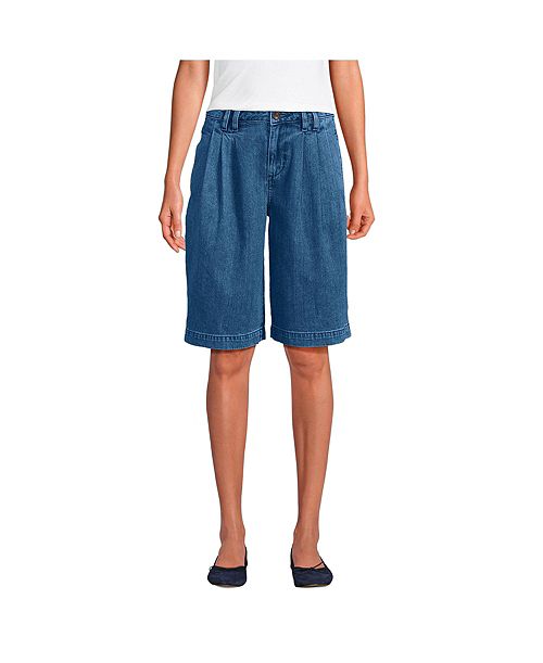 alfani Lands' End Women's Lightweight Denim Mid Rise Pleated 12" Slouchy Shorts Women's Fashion Shoes & Accessories