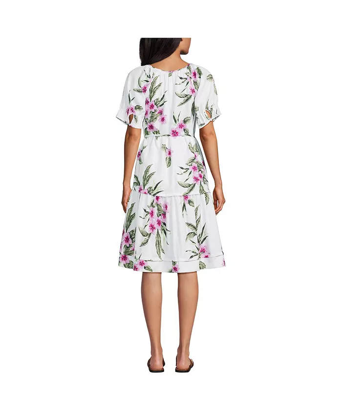 Alfani Lands' End Women's Puff Sleeve Pleated Linen Knee Length Dress Women's Fashion Shoes & Accessories