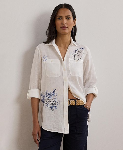 alfani Lauren Ralph Lauren 100% Linen Women's Relaxed-Fit Print Roll-Tab Sleeve Shirt Women's Fashion Shoes & Accessories