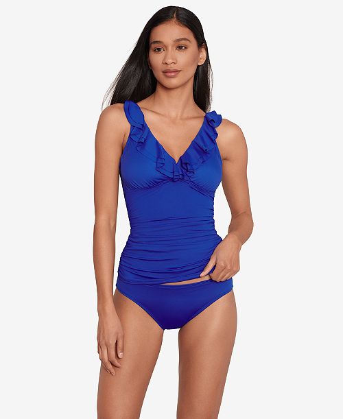 alfani Lauren Ralph Lauren Beach Club Solid Ruffle Tankini Top Women's Fashion Shoes & Accessories