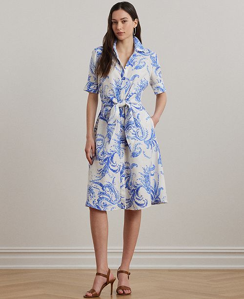 alfani Lauren Ralph Lauren Petite Paisley Tie-Front Linen Shirtdress Women's Fashion Shoes & Accessories