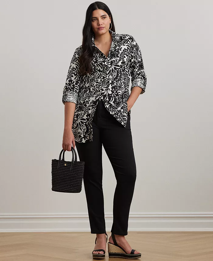 Alfani Lauren Ralph Lauren Plus Size 100% Linen Roll-Tab Shirt Women's Fashion Shoes & Accessories