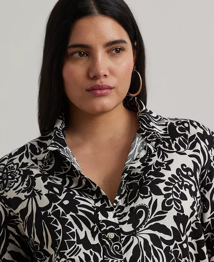 Alfani Lauren Ralph Lauren Plus Size 100% Linen Roll-Tab Shirt Women's Fashion Shoes & Accessories