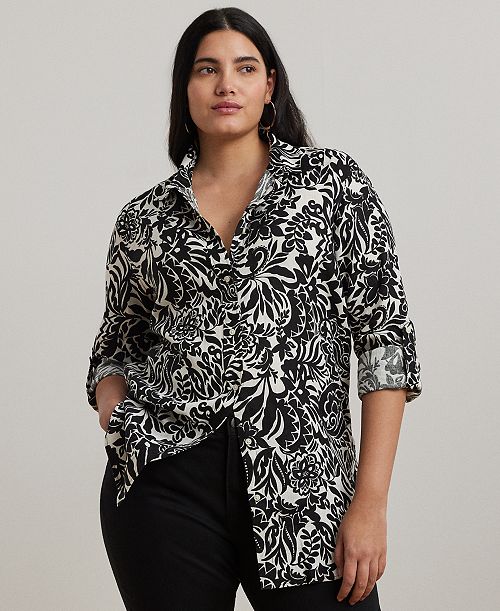 alfani Lauren Ralph Lauren Plus Size 100% Linen Roll-Tab Shirt Women's Fashion Shoes & Accessories