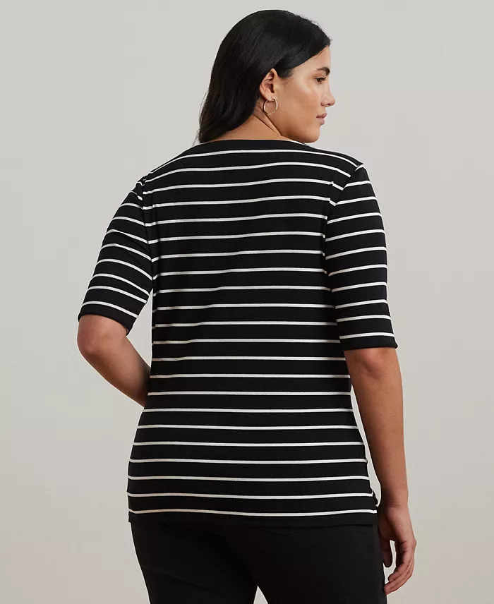 Alfani Lauren Ralph Lauren Plus Size Striped Cotton Boatneck T-Shirt Women's Fashion Shoes & Accessories