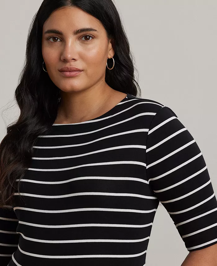 Alfani Lauren Ralph Lauren Plus Size Striped Cotton Boatneck T-Shirt Women's Fashion Shoes & Accessories