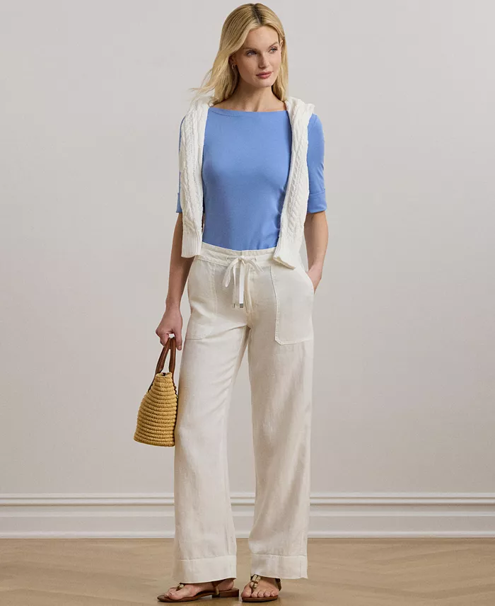 Alfani Lauren Ralph Lauren Stretch Cotton Boatneck T-Shirt Women's Fashion Shoes & Accessories