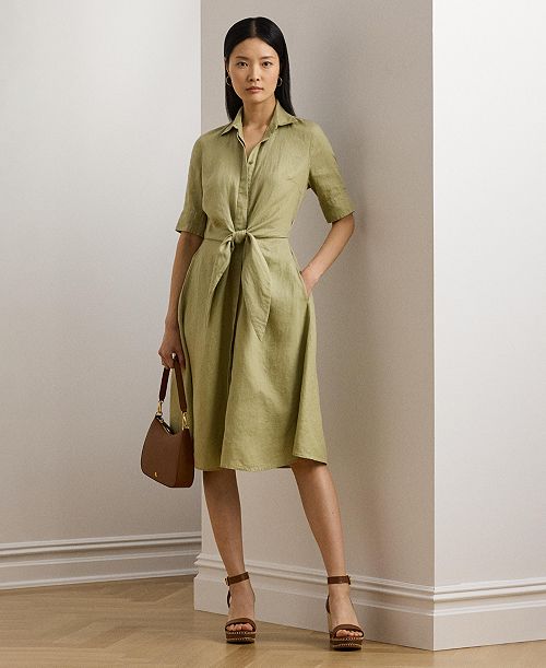 alfani Lauren Ralph Lauren Women's 100% Linen Shirtdress Women's Fashion Shoes & Accessories