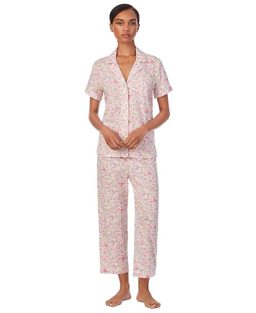 alfani Lauren Ralph Lauren Women's 2-Pc. Short-Sleeve Notch-Collar Cropped-Pant Pajama Set Women's Fashion Shoes & Accessories