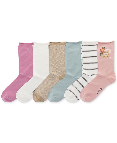 alfani Lauren Ralph Lauren Women's 6-Pk. Placed Floral Roll-Top Socks L3232PK2 Women's Fashion Shoes & Accessories