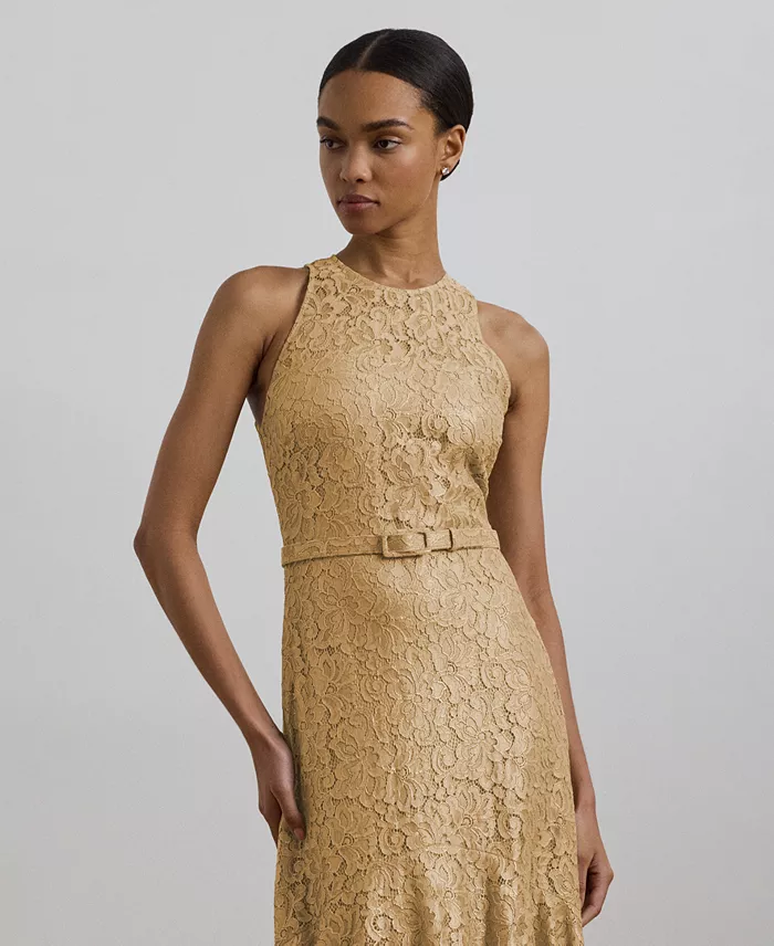 Alfani Lauren Ralph Lauren Women's Belted Metallic Lace Tiered Gown Women's Fashion Shoes & Accessories