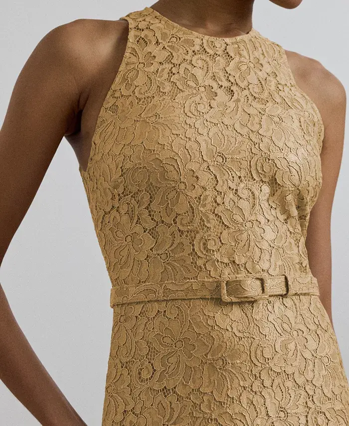 Alfani Lauren Ralph Lauren Women's Belted Metallic Lace Tiered Gown Women's Fashion Shoes & Accessories