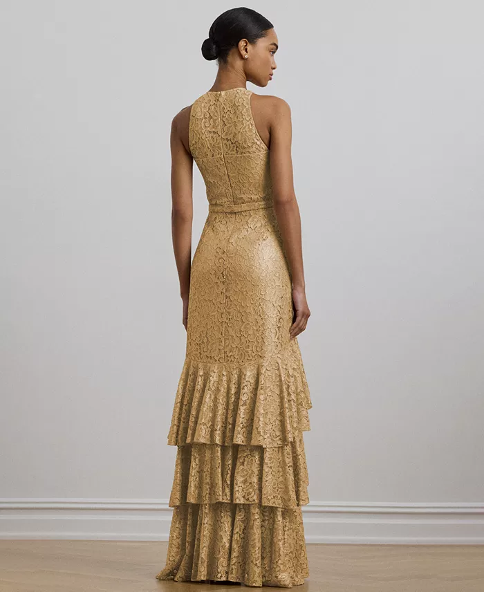 Alfani Lauren Ralph Lauren Women's Belted Metallic Lace Tiered Gown Women's Fashion Shoes & Accessories