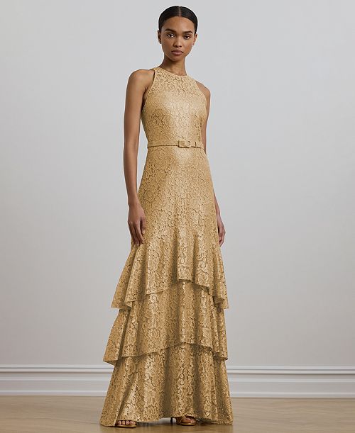 alfani Lauren Ralph Lauren Women's Belted Metallic Lace Tiered Gown Women's Fashion Shoes & Accessories