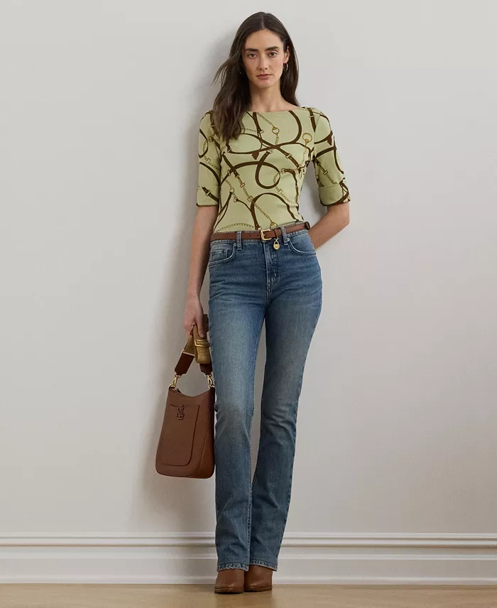 Alfani Lauren Ralph Lauren Women's Belting-Print Cotton-Blend Boatneck Tee Women's Fashion Shoes & Accessories