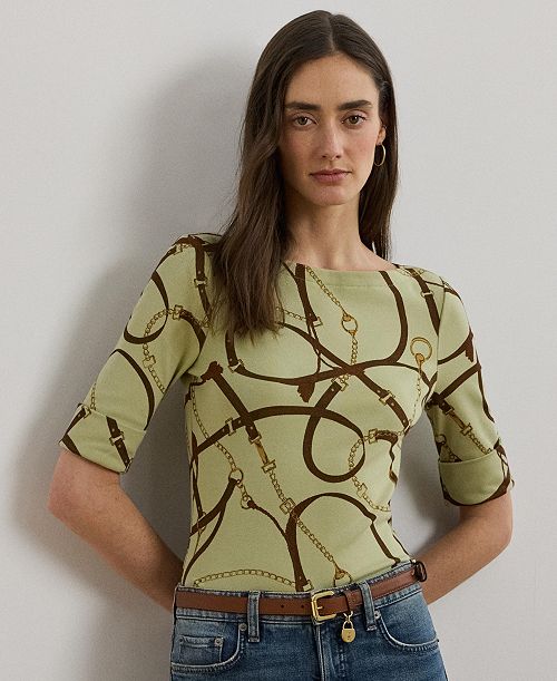 alfani Lauren Ralph Lauren Women's Belting-Print Cotton-Blend Boatneck Tee Women's Fashion Shoes & Accessories