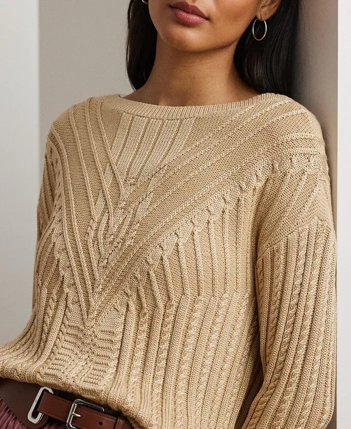 Alfani Lauren Ralph Lauren Women's Cable-Knit Cotton-Blend Boatneck Sweater Regular & Petite Women's Fashion Shoes & Accessories