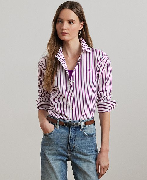 alfani Lauren Ralph Lauren Women's Classic-Fit Striped Broadcloth Shirt Women's Fashion Shoes & Accessories