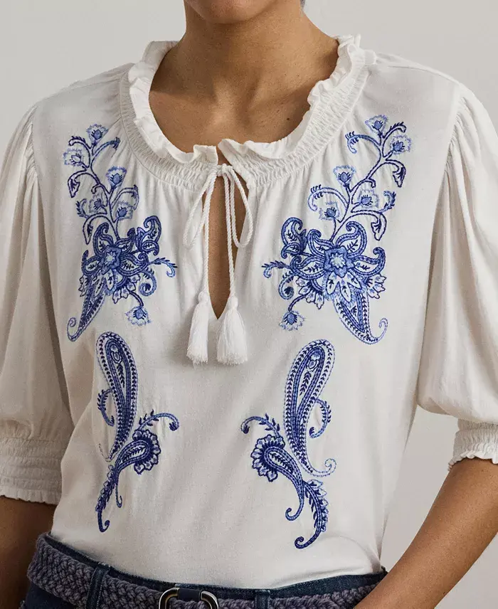 Alfani Lauren Ralph Lauren Women's Embroidered Jersey Tie-Neck Top Women's Fashion Shoes & Accessories