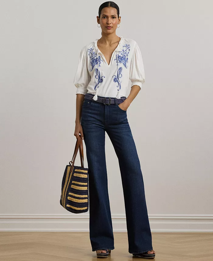 Alfani Lauren Ralph Lauren Women's Embroidered Jersey Tie-Neck Top Women's Fashion Shoes & Accessories