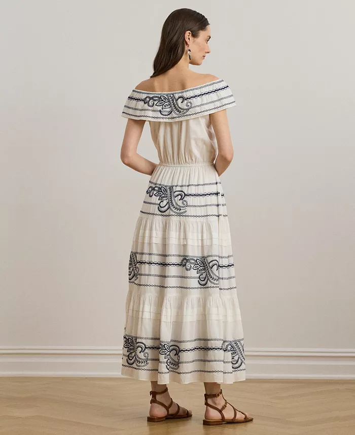 Alfani Lauren Ralph Lauren Women's Embroidered Voile Off-the-Shoulder Dress Women's Fashion Shoes & Accessories