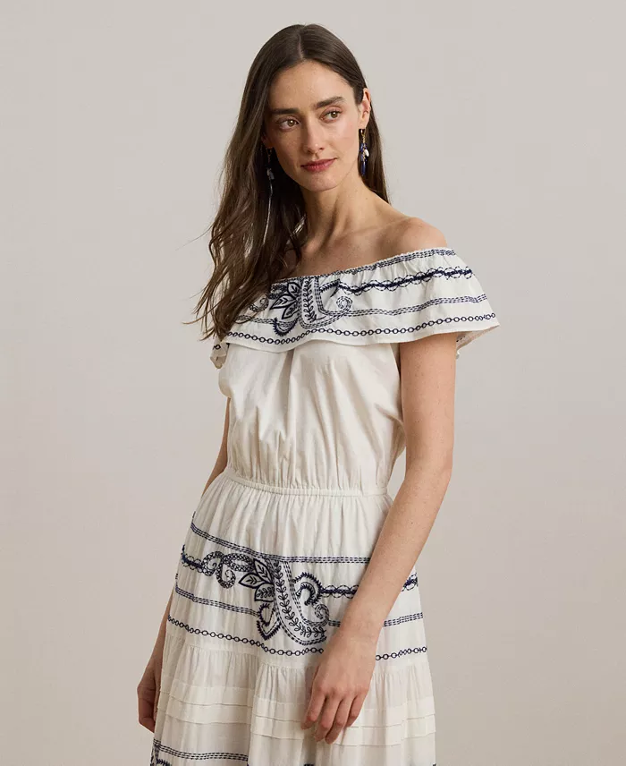 Alfani Lauren Ralph Lauren Women's Embroidered Voile Off-the-Shoulder Dress Women's Fashion Shoes & Accessories