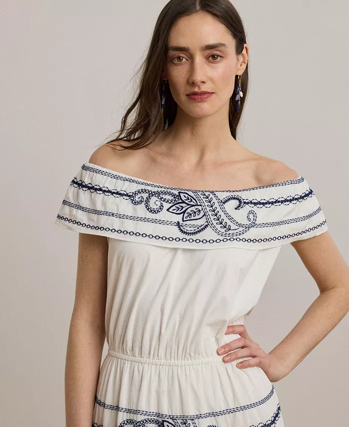 Alfani Lauren Ralph Lauren Women's Embroidered Voile Off-the-Shoulder Dress Women's Fashion Shoes & Accessories