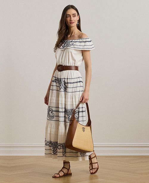 alfani Lauren Ralph Lauren Women's Embroidered Voile Off-the-Shoulder Dress Women's Fashion Shoes & Accessories