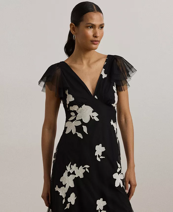 Alfani Lauren Ralph Lauren Women's Floral-Appliqué Tulle Cocktail Dress Women's Fashion Shoes & Accessories