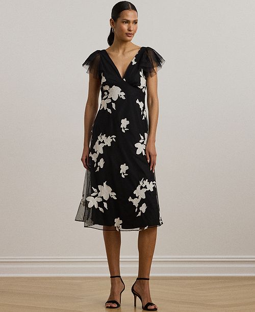 alfani Lauren Ralph Lauren Women's Floral-Appliqué Tulle Cocktail Dress Women's Fashion Shoes & Accessories