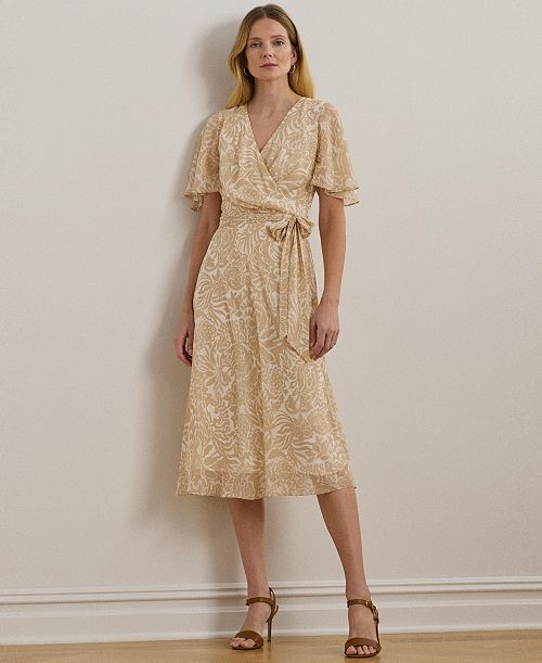 alfani Lauren Ralph Lauren Women's Floral Belted Crinkle Georgette Dress Women's Fashion Shoes & Accessories