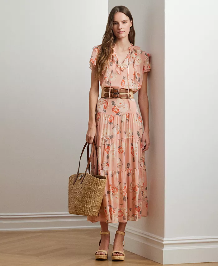 Alfani Lauren Ralph Lauren Women's Floral Crinkle Georgette Tiered Skirt Regular & Petite Women's Fashion Shoes & Accessories